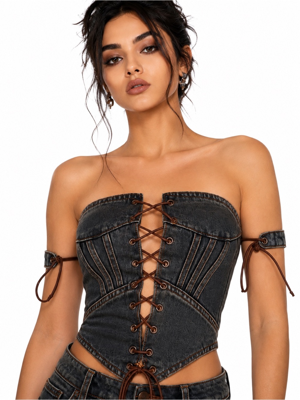 PRETTYLITTLETHING Washed Denim Corset Top Lace Up Front Charcoal Black US 2 / XS